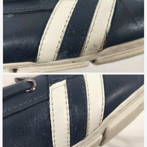Prada Men's Navy/White Stripe Detail Penny Loafer Moccasin Shoes - Picture 13 of 13